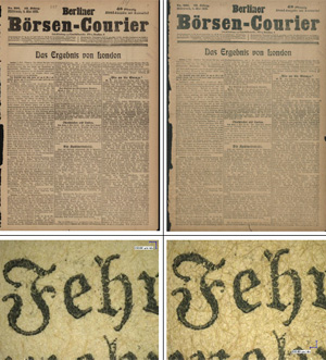 Scans vor (links,) und nach Alterung (rechts,) der unlaminierten Seite 37 (BBC-NL). Unten: Mikroskop-Bilder der Seite 37, um 50x Vergr&ouml;&szlig;erung, vor (links) und nach der Alterung (rechts)