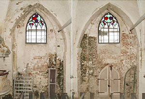 Gr&uuml;nalgenbefall an der S&uuml;dwand des Langhauses im Sommer 2007.