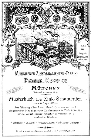 Deckblatt eines Musterbuchs der M&uuml;nchner Zinkornamenten-Fabrik Friedich Kraser, 1893