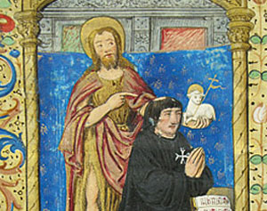 Illuminiertes Stundenbuch, Mitte des 16. Jahrhunderts von einem Ritter des Johanniterordens in Auftrag gegeben. Die abgebildete Szene zeigt den knienden Stifter in schwarzer Kutte (Detail). Sammlung Wallraf im Historischen Archiv der Stadt K&ouml;ln