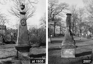 Historical and present-day photo showing the conditin of the Sielentz obelisk exhibits strong weathering and a loss of ornamental designd. Historical and present-day photo showing the conditin of the Sielentz obelisk exhibits strong weathering and a loss of ornamental designd.