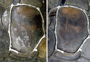 Erfurter Dom, Detail aus dem Helenafenster nord VIII, 11a (2009): links mit Zaponlackresten, rechts nach deren Entfernung mit Aceton Erfurter Dom, Detail aus dem Helenafenster nord VIII, 11a (2009): links mit Zaponlackresten, rechts nach deren Entfernung mit Aceton