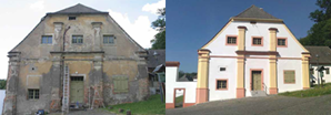 Beamtenhaus, Schmuckgiebel vor der Restaurierung (7.7.2010, oben) und danach (18.5.2011) Beamtenhaus, Schmuckgiebel vor der Restaurierung (7.7.2010, oben) und danach (18.5.2011)