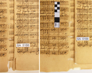 SA 5166, Johann C. Bach: Es erhub sich ein Streit („Alt-Bachisches Archiv“). (links) Fehlstellen und Risse im Falzbereich einer Lage. (rechts) Musterrestaurierung: Riss- und Fehlstellensicherungen mit aktivierbarem Japanpapier (RK-00, Kozo K 35). SA 5166, Johann C. Bach: Es erhub sich ein Streit („Alt-Bachisches Archiv“). (links) Fehlstellen und Risse im Falzbereich einer Lage. (rechts) Musterrestaurierung: Riss- und Fehlstellensicherungen mit aktivierbarem Japanpapier (RK-00, Kozo K 35).