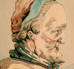 Marketeriebild, Charakterkopf eines alten Manes, Rückseite, Detail, Roentgen-Werkstatt, Michael Rummer (?), Neuwied um 1780. Nürnberg, Germanisches Nationalmuseum